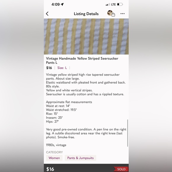 Vintage Handmade Yellow Striped Seersucker Pants L - Picture 5 of 9